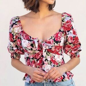Cottagecore MINKPINK Kind Words Floral Print Tie Front Puff Sleeve Top Blouses